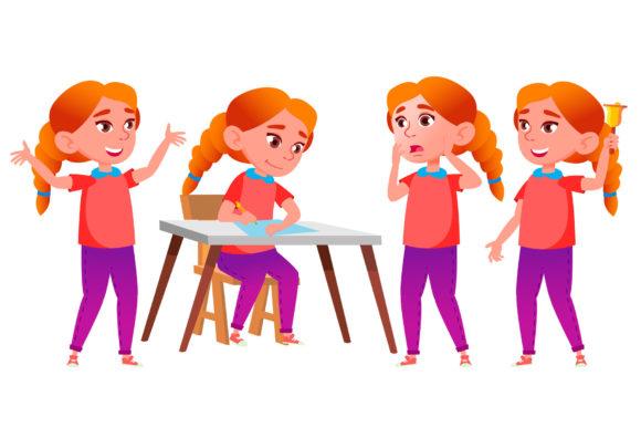 Girl Schoolgirl Poses Vector Set