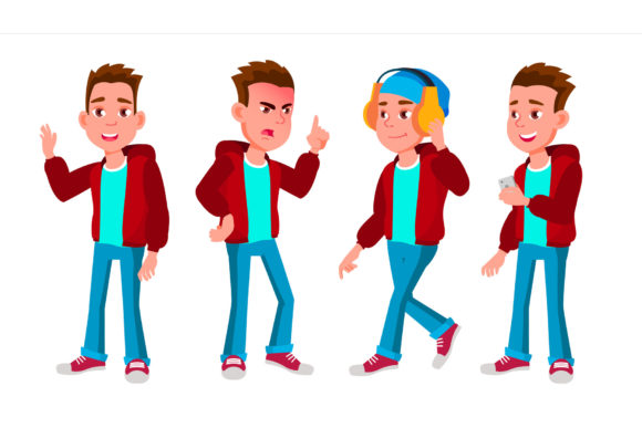 Strategic Visual Communication: Leveraging the Boy Schoolboy Kid Poses Set Vector. High for Educational and Commercial Design